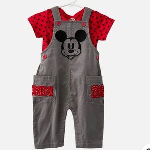 Disney Baby Boy Mickey Mouse Overall And T-Shirt Corduroy Gray-Red Sz24Month